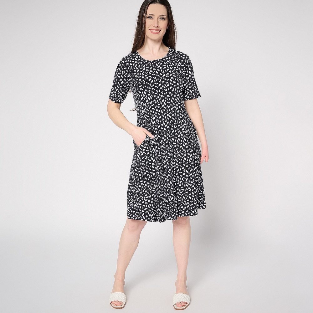 Susan Graver Size XL Liquid Knit Fit & Flare Dress Black Geo Print